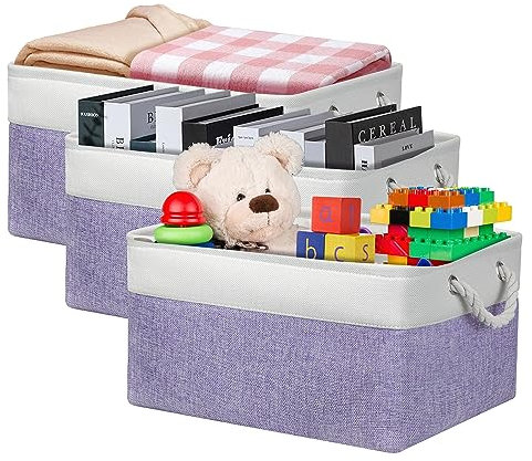 Large Storage Baskets, Rectangular Fabric Storage Box with Handles, Canvas Storage Basket Wardrobe Storage Box for Clothes Towels Toys Blankets Shoes (41x31x21cm/3 Pack, White Purple)