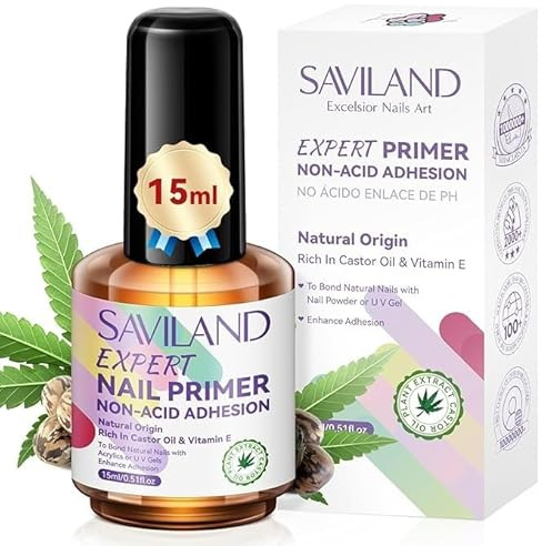 SAVILAND Nail Primer No Lift: Acid Free Primer Nail Prep Bond with Vitamin E Ingredient Castor Oil for Gel Acrylic Dip Nails, Ultra-Strong Adhesion Protein Bond Nail Supplies Home Salon