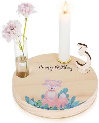 Geburtstagsteller Holz Für Kinder Geburtstag Geschenk: Romadedi Personalisiert Geburtstagsdeko Mit Gravur Mit Kerzenhalter、Vase & Zahlen 0-9 Für Geschenke Zum 1 Geburtstag Junge Mädchen,16.5 * 2cm