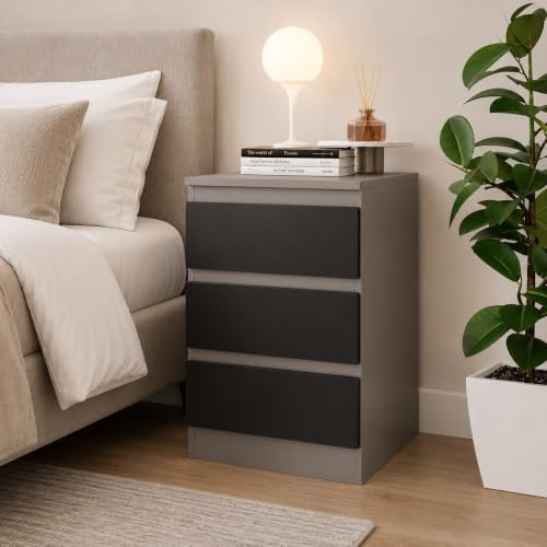 URBNLIVING Bedside Table with 3 Drawers, 62cm Height - Modern Chest of Drawers Dresser with Smooth Metal Runners for Bedroom, Living Room, Office & Hallway