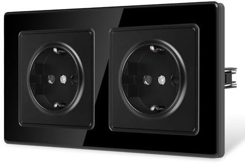 CNBINGO Enchufe doble Schuko con garras, doble enchufe de pared con placa de cristal curvado de 2,5D, 16 A, enchufe estándar de la UE, empotrado, con protección para niños, 2 enchufes, color negro