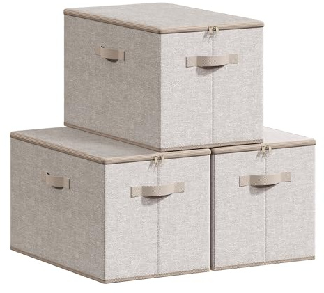 SONGMICS Cajas de Almacenamiento Plegables, Juego de 3 Organizadores en Cajas con Tapas y Asas, para Ropa, 50 x 30 x 30 cm, Tejido de Tela No Tejida, Beige Arena RZB050LZ04
