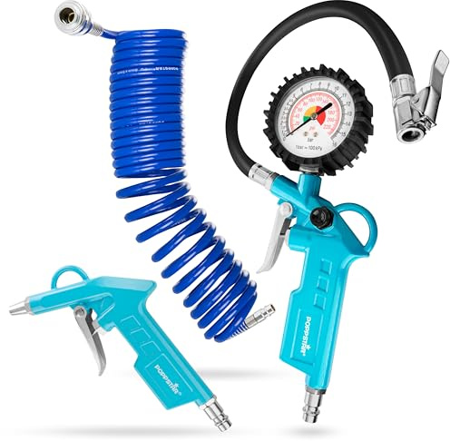 Poppstar Kit d'accessoires pour air comprimé : Gonfleur de pneus (0-16 bar, tuyau: 340 mm), Tuyau spiralé pour air comprimé 5m, Pistolet de soufflage (12 bar)