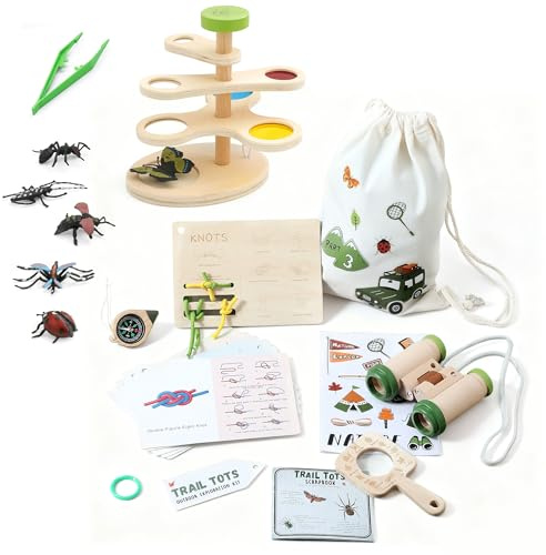 WOODEN TEETHER Nature Explorer STEM Kit with Adjustable Bug Viewer, Outdoor Science Exploration Set for Kids Ages 4-8, Montessori-Inspired Screen-Free Toys with Binoculars, Compass & Magnifying Glass