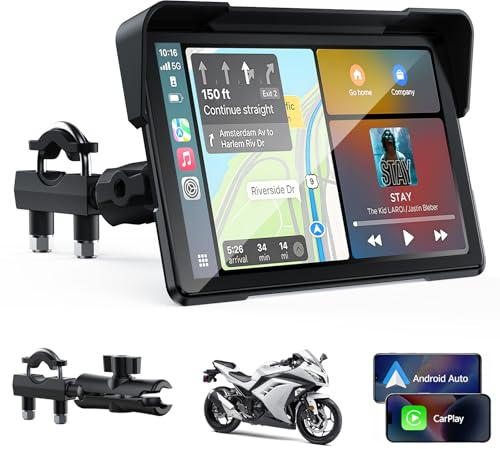 Volam Pantalla Carplay para Motocicleta, CarPlay y Android Auto Inalámbricos, 7 Pulgadas Pantalla Táctil Impermeable IP67 con Navegación GPS, Doble Bluetooth, Asistente de Voz, Plug y Play