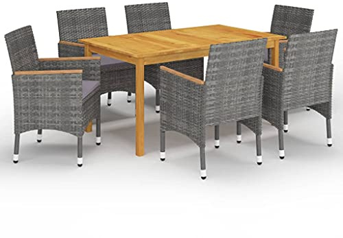 RMIHSJG 7-TLG. Gruppo da giardino grigio in legno di acacia con sedie in rattan PE e cuscini imbottiti per terrazza esterna