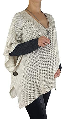 Mimosa Maternity Ladies One Size Knitted Warm Oversized V-Neck Poncho Cape with Side Buttons (One Size, Cream)