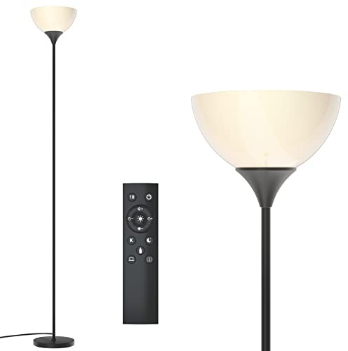 PESRAE Floor Lamp, Remote Control with Stpeless Color Temperatures and Brightness, Torchiere lamp for Bedroom, Living Room, Bulb Included (Matte Black)