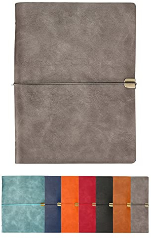 A5-läderdagbok 23 x 17 cm, 200 sidor påfyllningsbar vintage resedagbok med linje-elastiskt band, present till födelsedag, årsdag, kvinnor och män, anteckningsblock (grå)