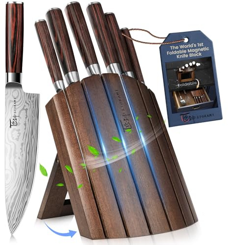 SYOKAMI Knife Set 7 Piece Japanese Style Kitchen Knife Set With Foldable Magnetic Acacia Wood Block Sharp High Carbon Stainless Steel Knives Set for Kitchen with Anti-slip Handle, Gift for Mom