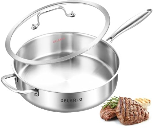 DELARLO Tri-Ply Stainless Steel Saute Pan With Lid 5.5QT,12.3Inch Deep Frying pan,Induction Large Skillet,Jumbo Cooker,Efficent Fast Even Heating Cooking Pan Dishwasher and Oven Safe