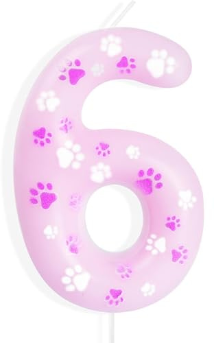 mciskin Velas de cumpleaños con huella de pata de perro rosa, decoración de cumpleaños número 6 para niño o niña, velas de cumpleaños número rosa 6, lindas velas con huella de pata número 6 para