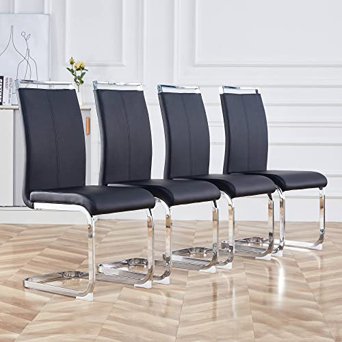 Merax Modern Cantilever Chair Set of 4, Dining Chairs Made of PU Leather, Softly Padded Side Chair with Chrome-Plated Metal Frame Suitable for Dining Room, Guest Office, Black