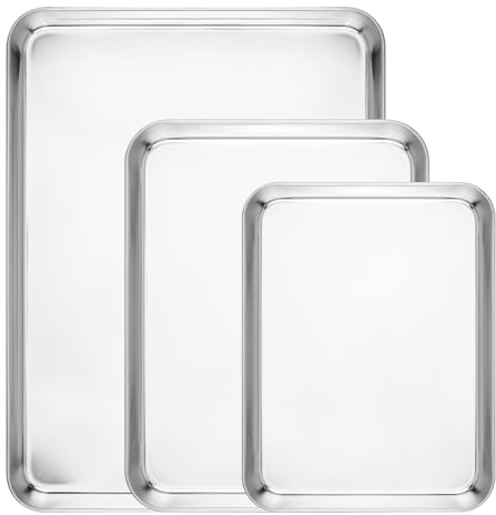 Navaris Set de bandejas para empanar - 3 bandejas de acero inoxidable para horno y rebozado -Bandejas Horno 3 Tamaños 40/31/26 cm - Para carne filetes croquetas empanados