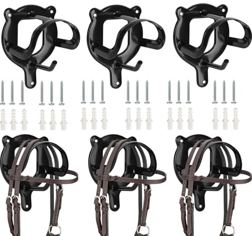 HYEIOL 6 Pack Horse Bridle Racks Bridle Hooks,Metal Wall-Mounted Horse Tack Storage Organizer Halter Hanger,Matte Black Anti-Rust Coating Horse Barn Supplies