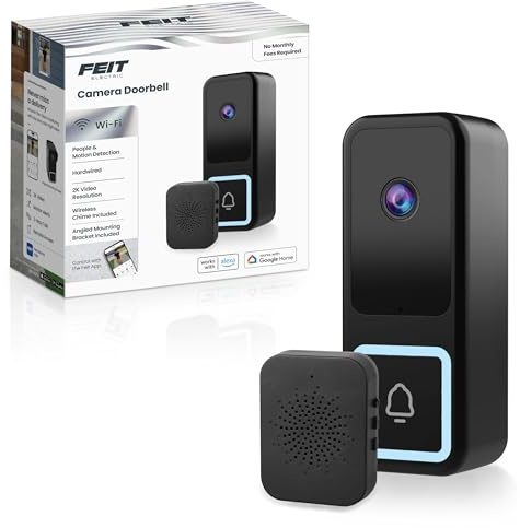 Feit Electric Smart Doorbell Camera, Wired 2K HD Video, Night Vision, Motion Detection, Two-Way Audio, Alexa/Google Assistant Compatible, App Control, Wireless Chime Included, CAM/Door/WiFi/G2