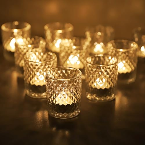 Vohocandle Diamond Tealight Holders Glass Set of 12, Glear Tea Light Candle Holders for Room Decor, Clear Tea Light Holders Glass for Festive Decor, Wedding, Birthday Party(5.5 W × 6.5 H cm)