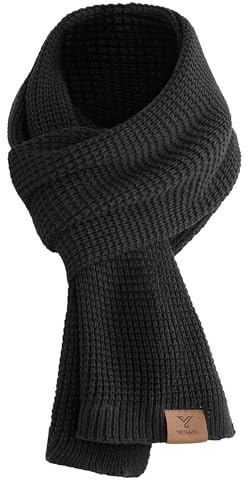 YESWEL Schal Herren & Damen, Dicker Warmer Winterschal für Männer, Klassische Waffelstrickschal, Langschal mit Echter Leder Veredelung, 175 x 28 cm (Schwarz)