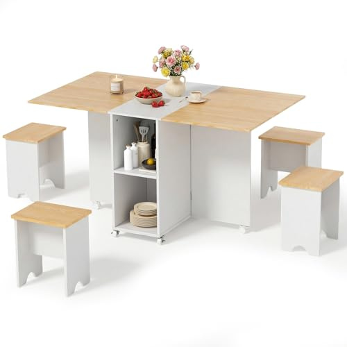 Warmiehomy Folding Dining Table and Chairs Set 4, Space Saving Drop Leaf Table and Chairs Foldable Table with Storage Shelf and 4 Chairs for Kitchen, Dining Room, Living Room, White & Wood