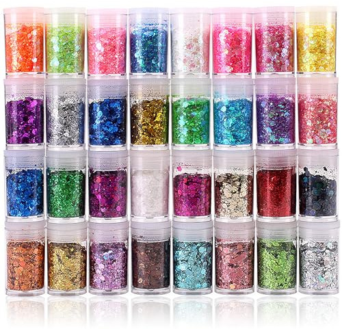 GmwyCzV 32 Colori Glitter, Colorato Brillantini, Glitter Viso, Grandi Paillettes e Glitters Fini, per Bicchieri Epossidici, Capelli Viso Corpo Occhi Nail Art Creazioni Fai Da Te e Decorazioni