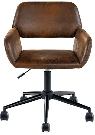 39F FURNITURE DREAM Vintage Bürostuhl mit Armlehnen, 360° drehbar, höhenverstellbar 75–85 cm, Lederoptik Braun, mit Rollen für Home Office