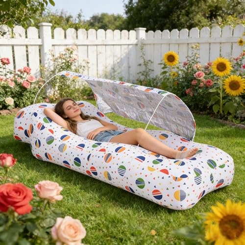 Kcuskl Inflatable Couch,Air Sofa with Sun-Shade Design,Built-in Storage,Ripstop Polyester&Stability Pegs,Portable Air Lounger for Beach,Camping,Easy to Carry,2 Inflation Ways(Included Pump)Pebble Gray