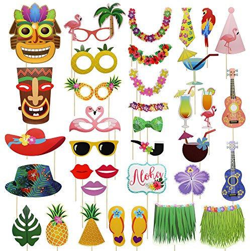 Meetory 36Pcs Hawaiian Photo Booth Props Kit, Summer Beach Selfie Props Celebration for Hawaii Seaside, Summer Pool Party, Luau Tropical Tiki Vacation Dress-Up Beach Party Accessories Decoration