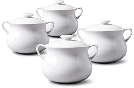WM Bartleet & Sons 1750 TSET119 - Set di 4 ciotole tradizionali in porcellana con coperchio, per zuppa di cipolle e stufato, con manici, 500 ml, colore: bianco