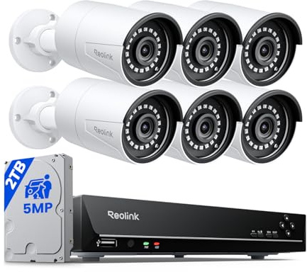 REOLINK 8CH 5MP Home Security Camera System, 6pcs Wired Outdoor PoE IP Cameras with Person/Vehicle/Pet Detection, 4K/8MP 8CH NVR with 2TB HDD for 24-7 Recording, RLK8-410B6-5MP