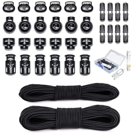 42 Pcs Cord Locks End Spring Toggle Stopper Zipper Pull Ends Fastener Buttons with 18 Yard Elastic Bungee Cord Stretch String for Drawstring, Shoelaces, Pants, Backpack, Bags, Luggage, DIY Crafting