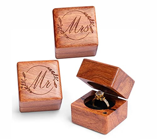 Handicraftviet Mr and Mrs Ring Box – Handmade Wood Ring Box for Wedding day Ring Boxes Small Engraved for Wedding Ceremony, Rustic Ring Holder Box, Ring Storage Box (Flower 2 PCs)