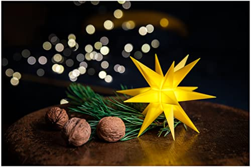 Novaliv Weihnachtsstern LED Dekostern Klein 8cm GELB mit Batteriefach für 3 AA Batterien 6h Timerfunktion (1,5m Kabel) INNENRAUM DEKO 3D Stern 18 Zackig Leuchtstern LED Mini Weihnachtsstern beleuchtet