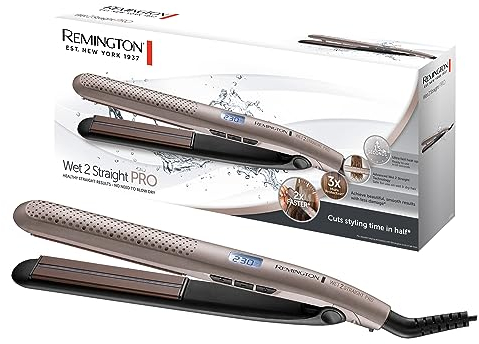 Remington Glätteisen Wet2Straight Pro (für Nass- & Trockenanwendung -zum Trocknen und Glätten der Haare, exklusives Entlüftungssystem, Feuchtigkeitssensor , LCD-Display, 140-230°C) Haarglätter S7970
