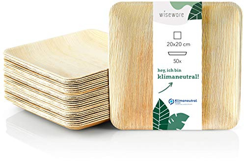 Wiseware Palmblatt Teller - 50 Stück Einwegteller quadratisch 20 x 20 cm - biologisch abbaubares Palmblattgeschirr - kompostierbares Partygeschirr - Bio Einweggeschirr