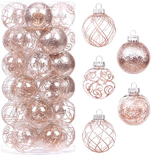 Sea Team - Juego de Adornos de Bolas de Navidad de Plástico Transparente Irrompible de 60 mm/2,36 Pulgadas Con Pintura Con Purpurina, Adornos de Cristal (30, Oro Rosa)