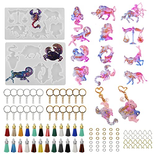 HyzaPhix 104 Stück Silikonform Gießformen, Epoxidharz Formen Schlüsselanhänger Anhänger Resin Keychain Silicone Molds Sternzeichen mit 24 Stück Quasten Anhänger,24 Stück schlüsselring mit Kette