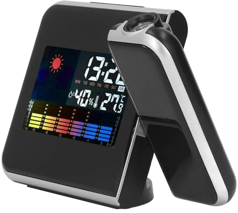 Projektionswecker, Wecker mit Projektion, 11,1 x 15,1 cm Wetterstation Uhr, Schwarz Temperatur Feuchtigkeit LCD Farbdisplay LED Hintergrundbeleuchtung Projektionswecker für Outdoor, Garten, Zimmer
