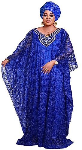 HD Caftano da Donna in Pizzo Africano Ricamato con Scollo a V Abito da Sera Taglia Unica con Copricapo Abbinato, Blu 93, Taglia Unica