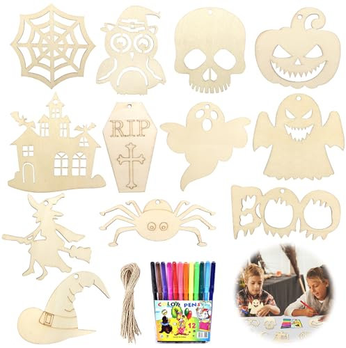 Lot de 24 kits de bricolage d'Halloween pour enfants, 12 styles de découpes en bois non finis, artisanat, décorations en bois, anniversaire d'enfant