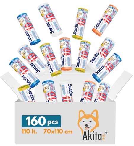 Akitaink 160 Sacchi spazzatura 70x110 cm, 110 Litri, per Raccolta Differenziata AkitaINK - Sacchi Alta Resistenza - Blu, Giallo, Arancione, Trasparente (160 SACCHI 70X110 cm)