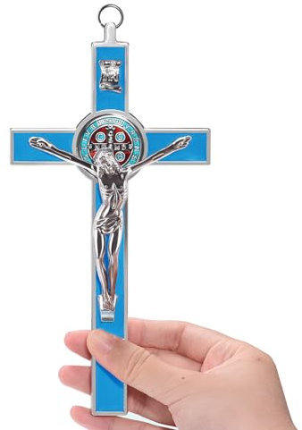 Crocifisso grande da parete da 17,8 cm con cauzione in metallo smaltato, medaglia di San Benedetto, croce INRI da parete per dare benedizione e sacro spirituale: regalo di fede per i tuoi conoscenti