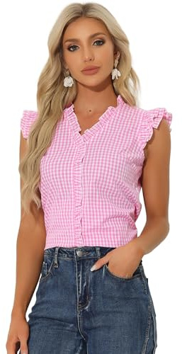Allegra K Mujer Blusa Cuadros Vintage Manga Corta con Volante Escote en V