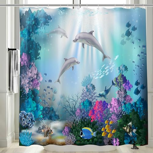 Vgzsyomqib Delphin Meer Duschvorhang 180x180 Anti Schimmel Wasserdicht für Badewanne Stoff Shower Curtains 3D Delfin Fische Blau Unterwasserwelt Motiv Duschvorhänge Waschbar Textil