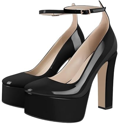 Women's Dressy Platform Chunky High Heels Patent Leather Ankle Strap Closed Toe Heeled Mary Jane Pumps Shoes Black Block Heels Ankle Buckle Wedding Cosplay Party Dress Shoes Size 10