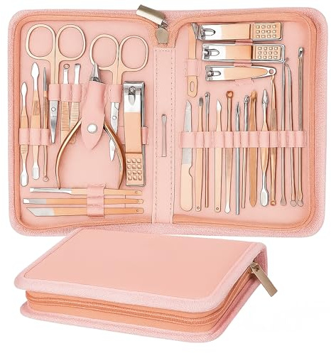 SAMSIDD Manicure Set, Pedicure Kit, Nail Clippers, Professional Grooming Kit, Nail Tools 32 in 1 with Luxurious Travel Case for Men and Women 2024 Upgraded Version (Pink)