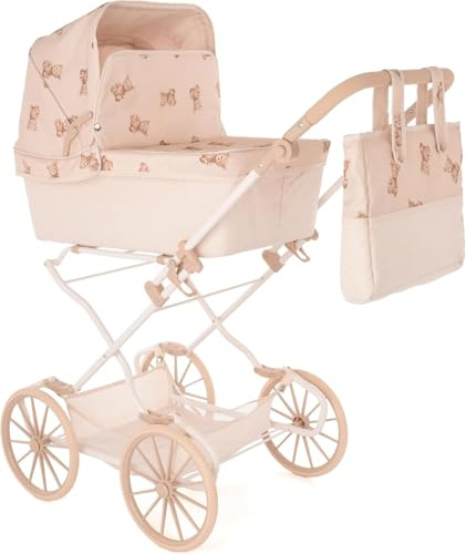 Roma Teddy Reborn-barnvagn för större dockor, söt björndesign, 62,5–93 cm justerbart handtag, leksak för pojkar och flickor, vintage stil med korg, docktillbehör