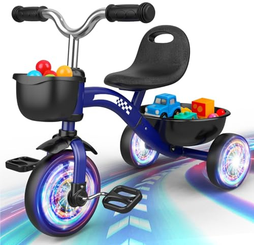 HappyGoLucky Tricycles Toys for 2-5 Year Old Boys Gifts, Kids Balance Bike 2-5 Year Old with 3 Colorful Lighting Wheels & Adjustable Seat, Baby Cycle Trikes Bike Boys Toys Age 2-4 Easter Gifts for Kid