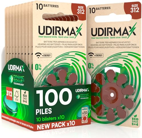100 Batterie per Apparecchi Acustici Misura 312 Udirmax Pile PR41 Marroni Zinco-Aria Eco Pack - 10 Blister Ecologici da 10 Pile