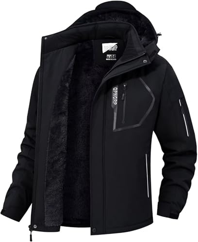 QPNGRP Men's Ski Jacket Waterproof Insulated Winter Coat 5 Zipper Pockets Black 4X-Large