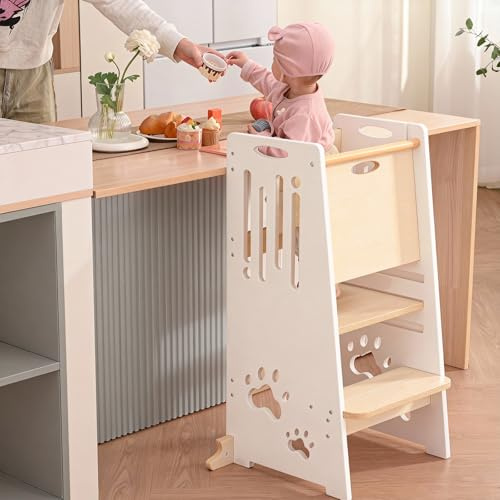 Toddler Tower Height-Adjustable Natural Step Stool with Sliding Safety Door